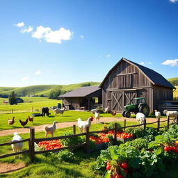 A picturesque farmyard scene featuring a rustic barn, a variety of farm animals like cows, chickens, and sheep, and a lush green landscape under a bright blue sky