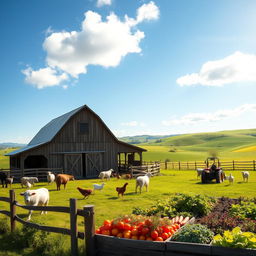 A picturesque farmyard scene featuring a rustic barn, a variety of farm animals like cows, chickens, and sheep, and a lush green landscape under a bright blue sky