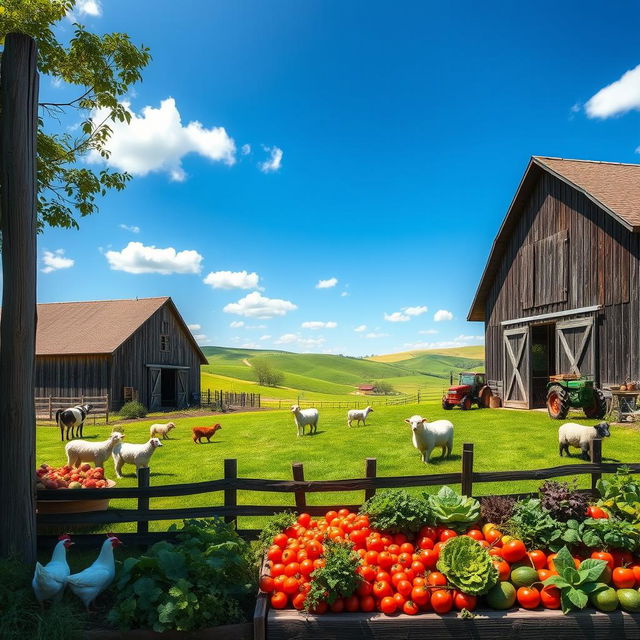 A picturesque farmyard scene featuring a rustic barn, a variety of farm animals like cows, chickens, and sheep, and a lush green landscape under a bright blue sky