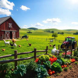 A picturesque farmyard scene featuring a rustic barn, a variety of farm animals like cows, chickens, and sheep, and a lush green landscape under a bright blue sky