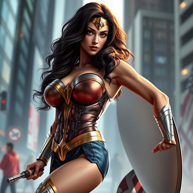 A stunningly photorealistic depiction of a sexy, hot superheroine inspired by Wonder Woman