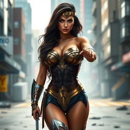 A stunningly photorealistic depiction of a sexy, hot superheroine inspired by Wonder Woman
