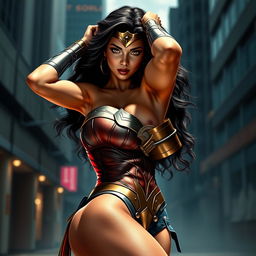 A stunningly photorealistic depiction of a sexy, hot superheroine inspired by Wonder Woman