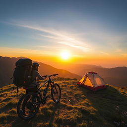 A stunning photograph capturing a person backpacking with a bicycle uphill at sunrise in the mountains