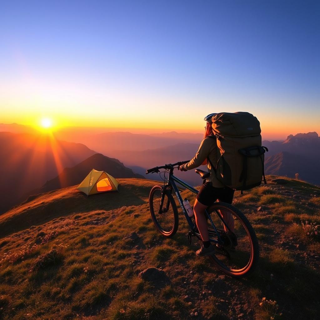 A stunning photograph capturing a person backpacking with a bicycle uphill at sunrise in the mountains