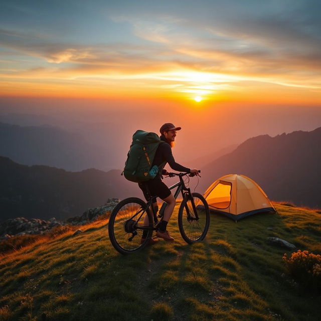 A stunning photograph capturing a person backpacking with a bicycle uphill at sunrise in the mountains