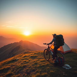 A stunning photograph capturing a person backpacking with a bicycle uphill at sunrise in the mountains