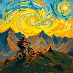 A captivating artwork in the style of Vincent van Gogh, depicting a scene of a person backpacking with a bicycle up a hill during sunrise in the mountains