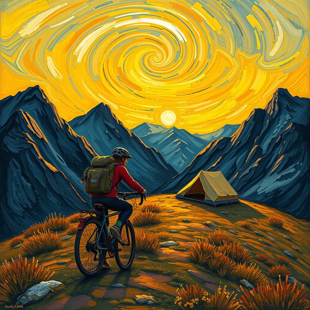 A captivating artwork in the style of Vincent van Gogh, depicting a scene of a person backpacking with a bicycle up a hill during sunrise in the mountains