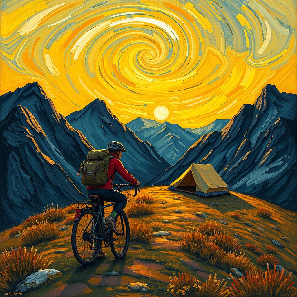 A captivating artwork in the style of Vincent van Gogh, depicting a scene of a person backpacking with a bicycle up a hill during sunrise in the mountains