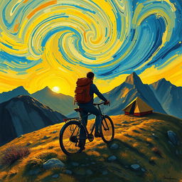 A captivating artwork in the style of Vincent van Gogh, depicting a scene of a person backpacking with a bicycle up a hill during sunrise in the mountains