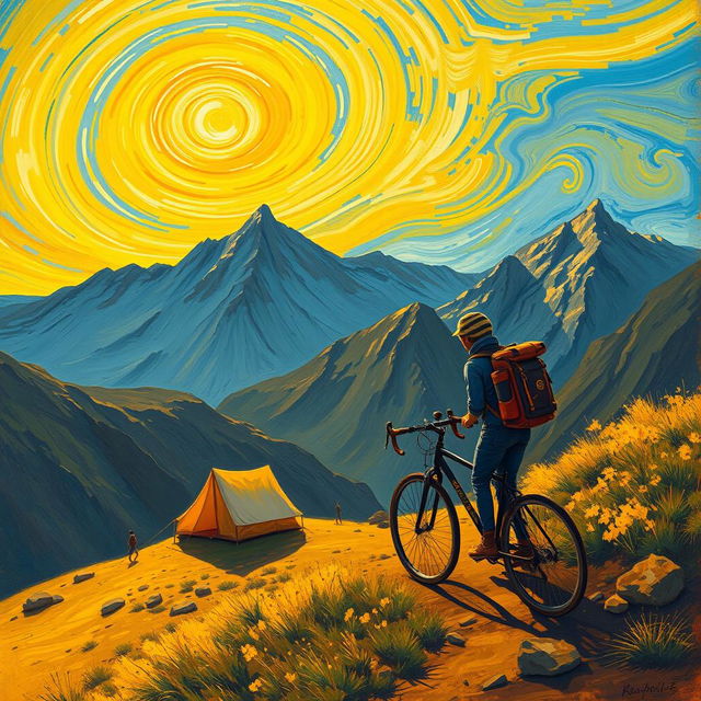 A captivating artwork in the style of Vincent van Gogh, depicting a scene of a person backpacking with a bicycle up a hill during sunrise in the mountains