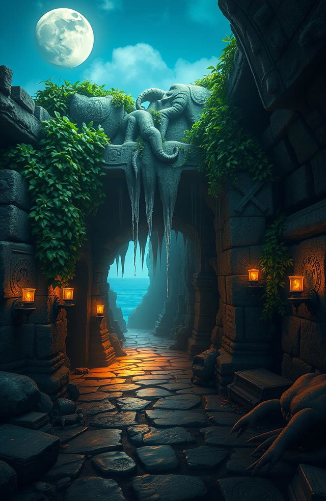 A mysterious and ancient island dungeon, set on a secluded tropical island surrounded by azure waters