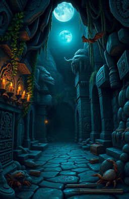 A mysterious and ancient island dungeon, set on a secluded tropical island surrounded by azure waters