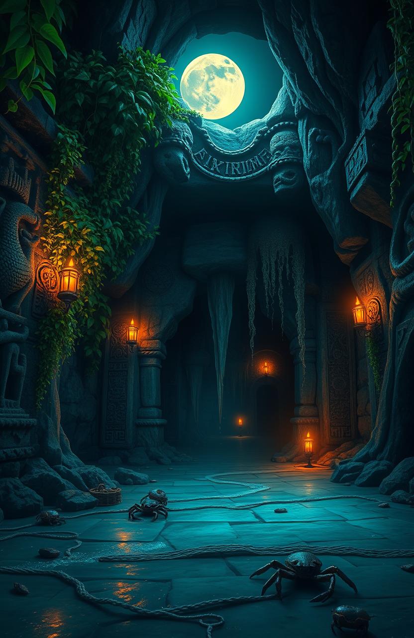 A mysterious and ancient island dungeon, set on a secluded tropical island surrounded by azure waters