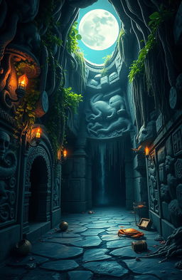 A mysterious and ancient island dungeon, set on a secluded tropical island surrounded by azure waters
