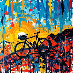 An abstract artwork inspired by Jackson Pollock, depicting the dynamic scene of bikepacking with a bicycle uphill at sunrise in the mountains
