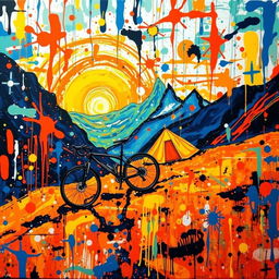 An abstract artwork inspired by Jackson Pollock, depicting the dynamic scene of bikepacking with a bicycle uphill at sunrise in the mountains