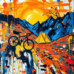 An abstract artwork inspired by Jackson Pollock, depicting the dynamic scene of bikepacking with a bicycle uphill at sunrise in the mountains