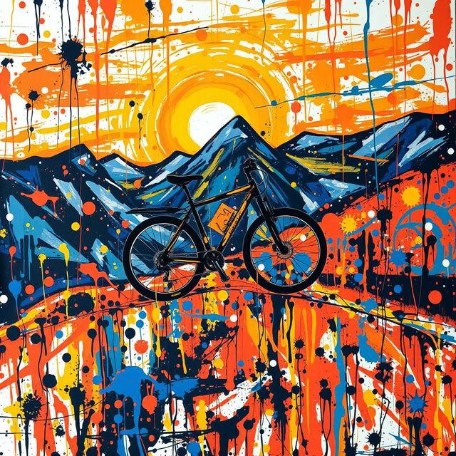 An abstract artwork inspired by Jackson Pollock, depicting the dynamic scene of bikepacking with a bicycle uphill at sunrise in the mountains