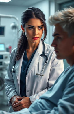 A dramatic scene in a hospital setting featuring a dark-haired female doctor in a stylish white lab coat, showcasing her striking blue sapphire eyes