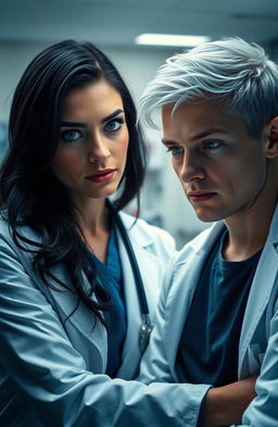 A dramatic scene in a hospital setting featuring a dark-haired female doctor in a stylish white lab coat, showcasing her striking blue sapphire eyes
