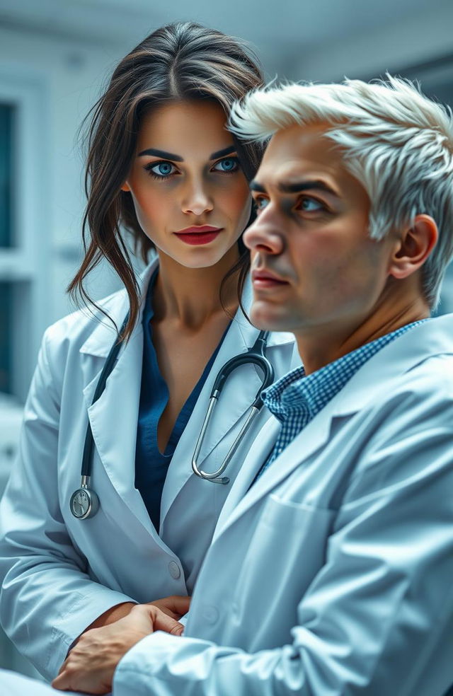 A dramatic scene in a hospital setting featuring a dark-haired female doctor in a stylish white lab coat, showcasing her striking blue sapphire eyes