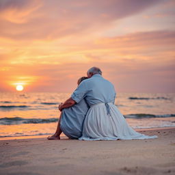 A man and woman sitting together on a peaceful beach, reflecting on their long journey through life