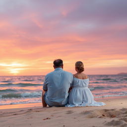 A man and woman sitting together on a peaceful beach, reflecting on their long journey through life