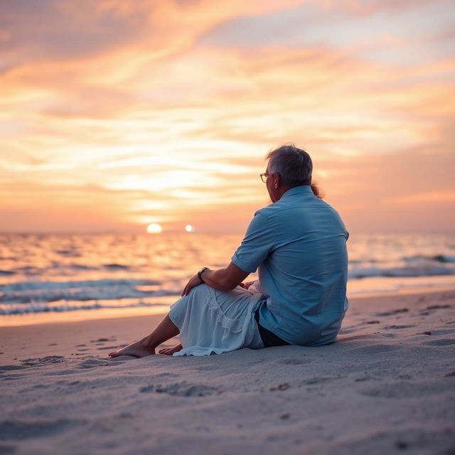 A man and woman sitting together on a peaceful beach, reflecting on their long journey through life