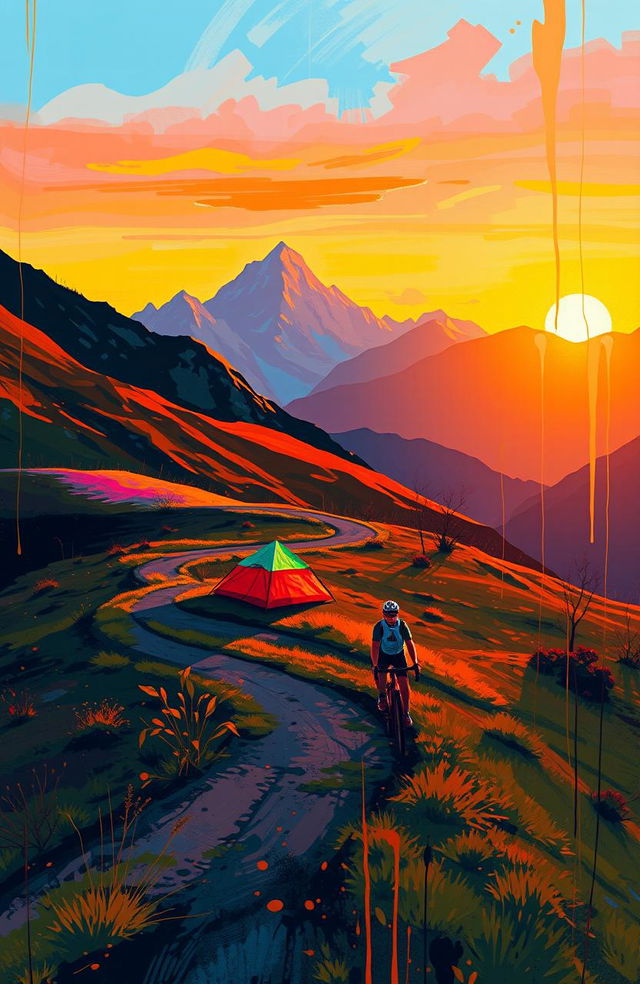 A serene bikepacking scene at sunrise in the mountains, featuring a cyclist riding a bicycle up a winding trail surrounded by majestic hills