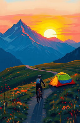 A serene bikepacking scene at sunrise in the mountains, featuring a cyclist riding a bicycle up a winding trail surrounded by majestic hills