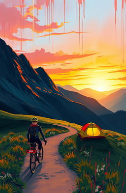 A serene bikepacking scene at sunrise in the mountains, featuring a cyclist riding a bicycle up a winding trail surrounded by majestic hills