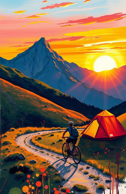A serene bikepacking scene at sunrise in the mountains, featuring a cyclist riding a bicycle up a winding trail surrounded by majestic hills