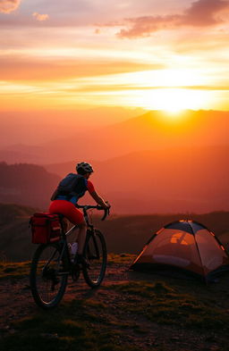 A stunning scene of a bikepacker riding up a hill on a bicycle during sunrise, surrounded by majestic mountains