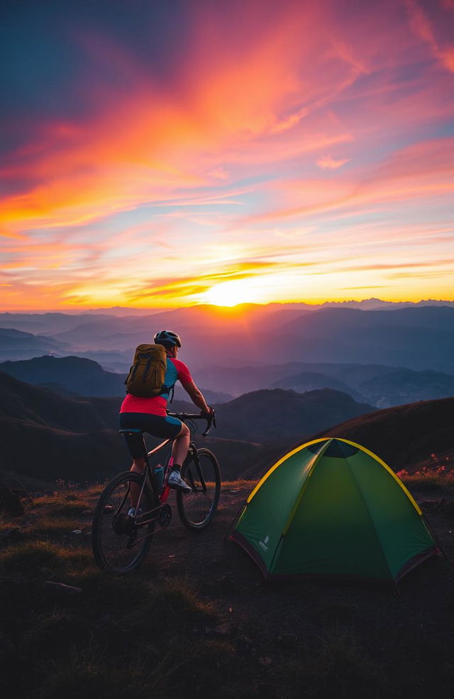 A stunning scene of a bikepacker riding up a hill on a bicycle during sunrise, surrounded by majestic mountains