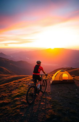 A stunning scene of a bikepacker riding up a hill on a bicycle during sunrise, surrounded by majestic mountains