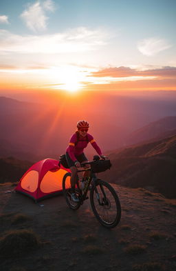 A stunning scene of a bikepacker riding up a hill on a bicycle during sunrise, surrounded by majestic mountains