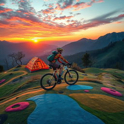 A captivating scene of a bikepacker riding a colorful bicycle up a hill during sunrise in the mountains, influenced by Hundertwasser's artistic style