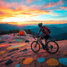 A captivating scene of a bikepacker riding a colorful bicycle up a hill during sunrise in the mountains, influenced by Hundertwasser's artistic style