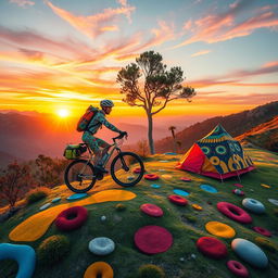 A captivating scene of a bikepacker riding a colorful bicycle up a hill during sunrise in the mountains, influenced by Hundertwasser's artistic style