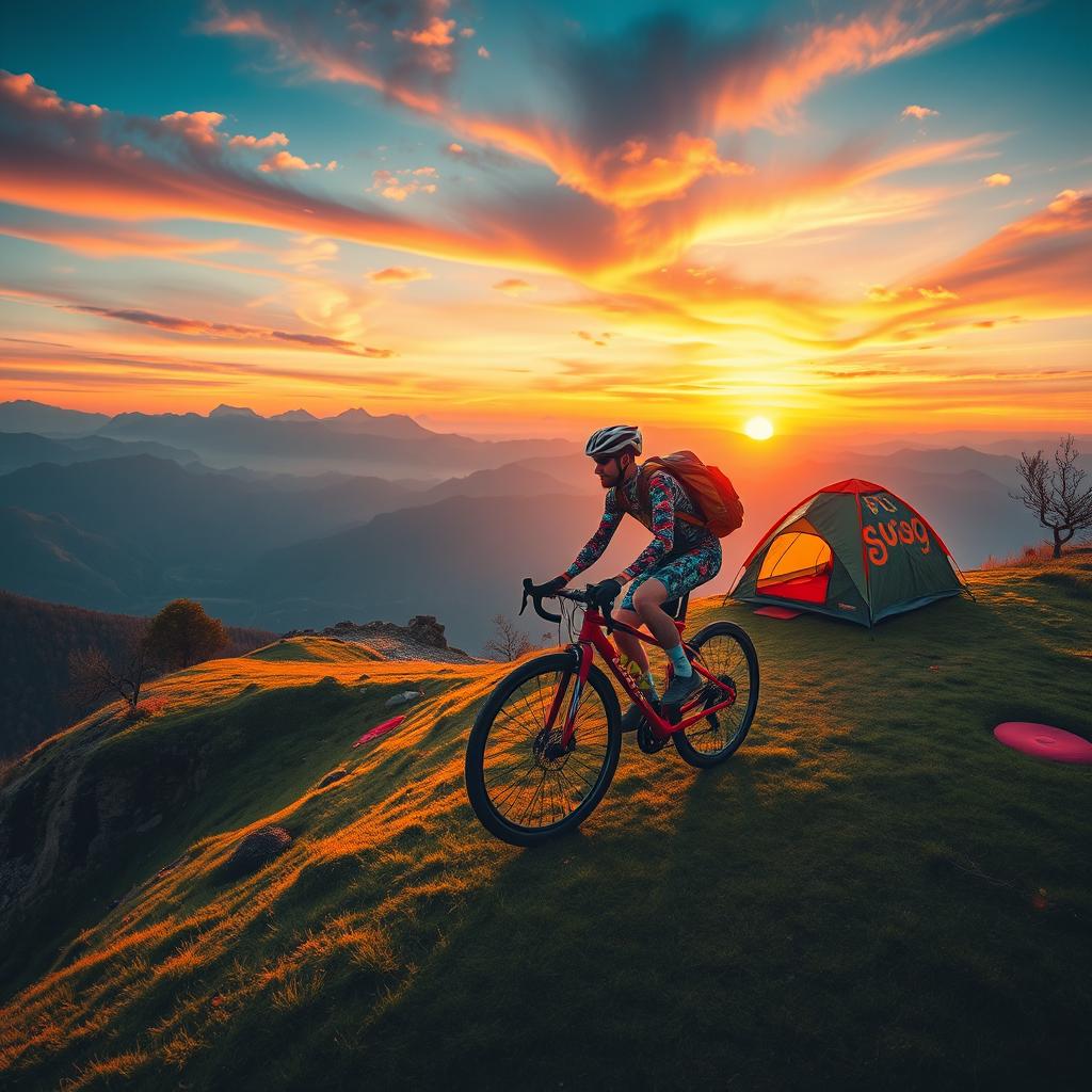 A captivating scene of a bikepacker riding a colorful bicycle up a hill during sunrise in the mountains, influenced by Hundertwasser's artistic style