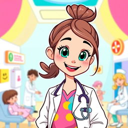 A cute cartoon-style illustration of a young female doctor with a cheerful expression
