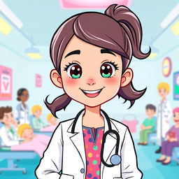 A cute cartoon-style illustration of a young female doctor with a cheerful expression