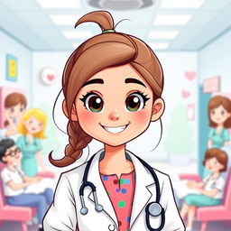 A cute cartoon-style illustration of a young female doctor with a cheerful expression