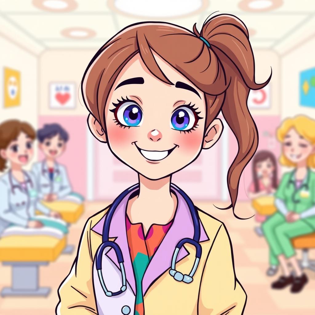 A cute cartoon-style illustration of a young female doctor with a cheerful expression