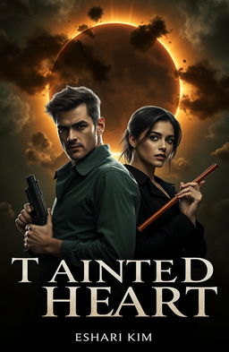 Two handsome men stand under a dramatic solar eclipse, evoking a sense of horror