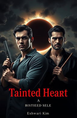 Two handsome men stand under a dramatic solar eclipse, evoking a sense of horror
