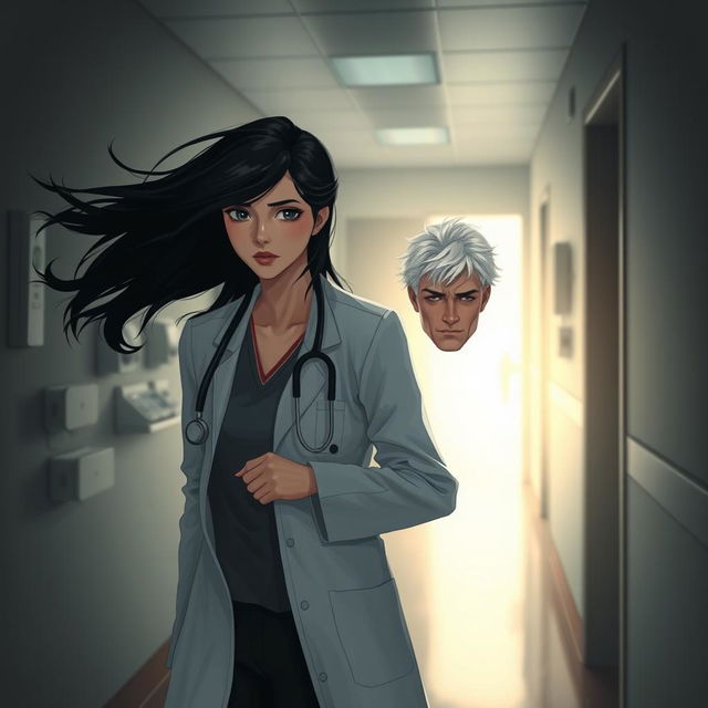 A poignant scene depicting a female doctor with flowing black hair, dressed in a white lab coat, guiding her male patient who has striking pearly white hair