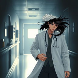 A poignant scene depicting a female doctor with flowing black hair, dressed in a white lab coat, guiding her male patient who has striking pearly white hair